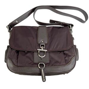 DKNY Brown Suede & Dark Purple Satin Crossbody Purse Bag